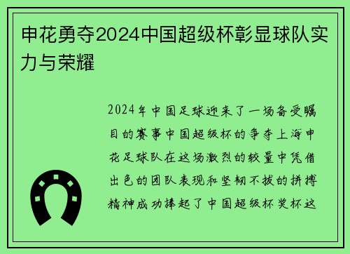 申花勇夺2024中国超级杯彰显球队实力与荣耀
