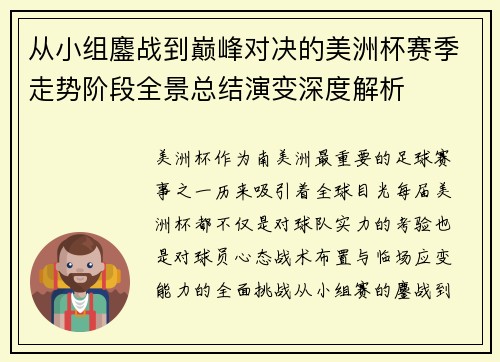 从小组鏖战到巅峰对决的美洲杯赛季走势阶段全景总结演变深度解析